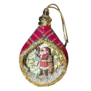 NEW Vintage Plaid Fabric Paper 3D Diorama Santa Claus Christmas Tree Ornament